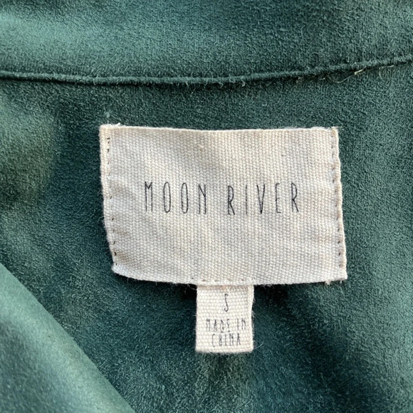 Anthropologie Moon River Green Faux-Suede Long Vest Pockets Ruffle Collar Size S - Picture 3 of 7